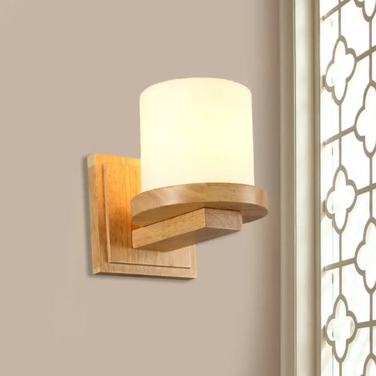 Nordic Opal Matte Glass Wall Lamp With Wood Arm - 1-Light Sconce Fixture