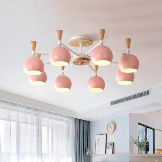 Nordic Orb Macaron Hanging Pendant Chandelier - 8 Bulbs Metal Light For Nurseries Pink