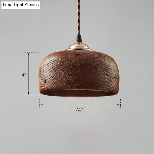 Nordic Wooden-Bowl Pendant Light - Single-Bulb Restaurant Suspension Lamp Brown