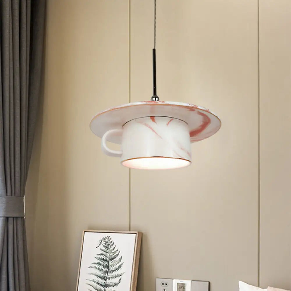 Nordic Pink Coffee Cup Pendant Ceiling Light - Stylish 1-Bulb Led Suspension Lamp For Restaurants