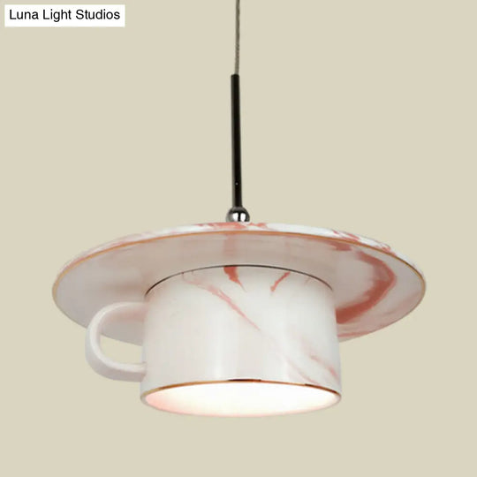 Nordic Pink Coffee Cup Pendant Ceiling Light - Stylish 1-Bulb Led Suspension Lamp For Restaurants