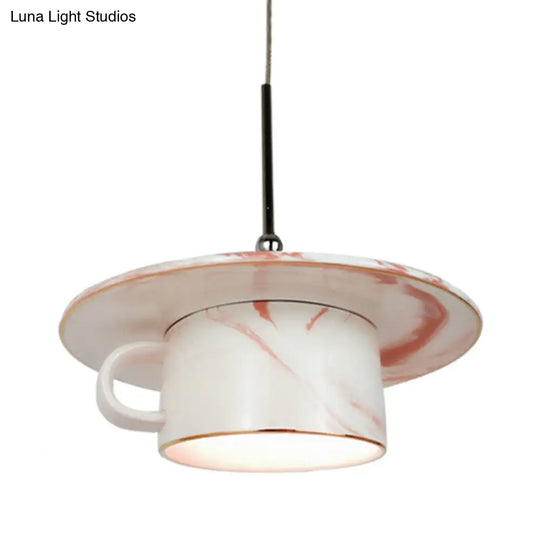 Nordic Pink Coffee Cup Pendant Ceiling Light - Elegant 1-Bulb Led Suspension Lamp For Restaurants