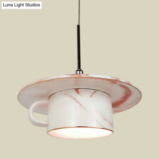 Nordic Pink Coffee Cup Pendant Ceiling Light - Elegant 1-Bulb Led Suspension Lamp For Restaurants