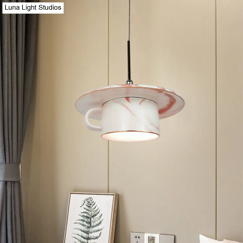 Nordic Pink Coffee Cup Pendant Ceiling Light - Elegant 1-Bulb Led Suspension Lamp For Restaurants