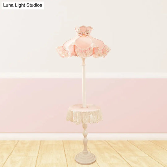 Nordic Pink Lace-Trimmed Stand Up Lamp With White Wood Table - Floor Light 1 Bulb