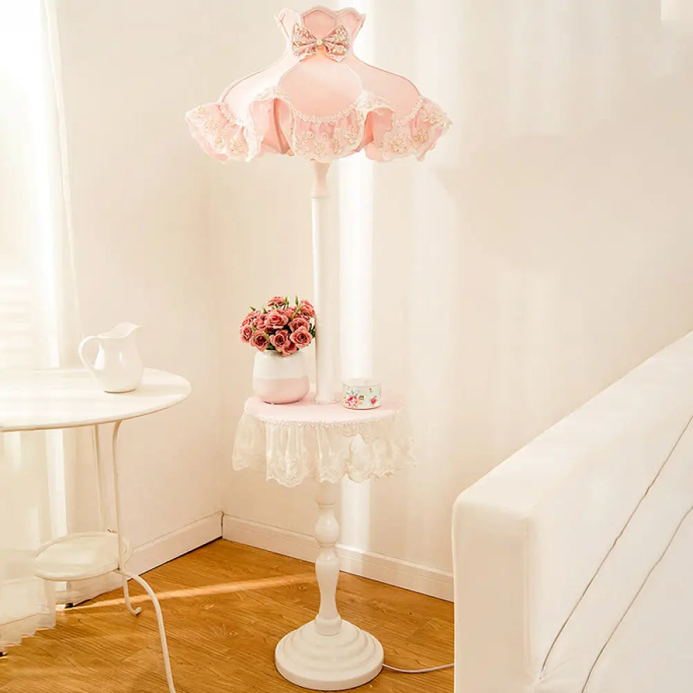 Nordic Pink Lace-Trimmed Stand Up Lamp With White Wood Table - Floor Light 1 Bulb