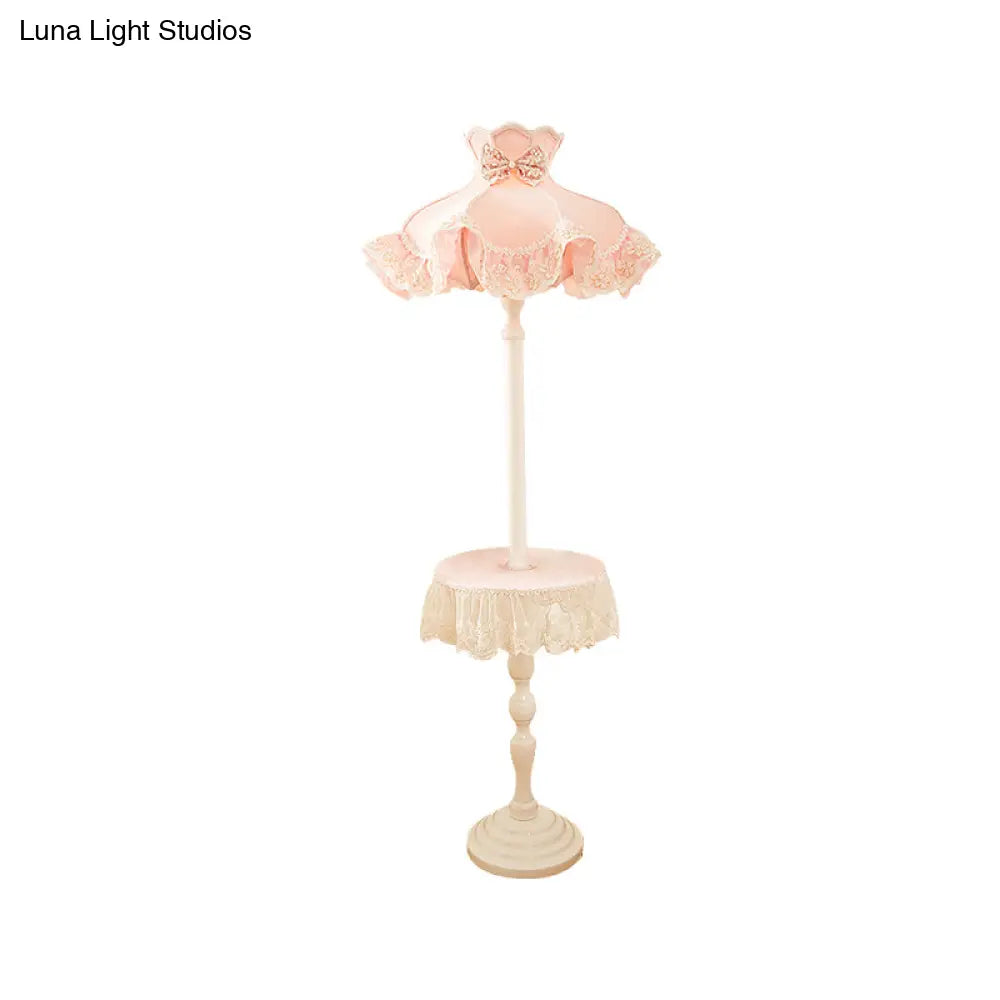 Nordic Pink Lace-Trimmed Stand Up Lamp With White Wood Table - Floor Light 1 Bulb