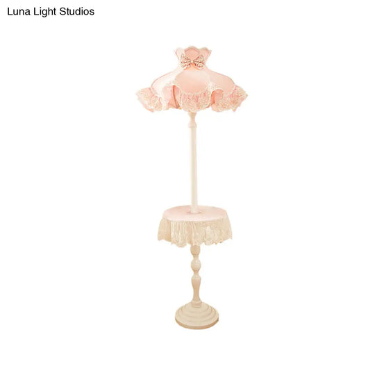 Nordic Pink Lace-Trimmed Stand Up Lamp With White Wood Table - Floor Light 1 Bulb