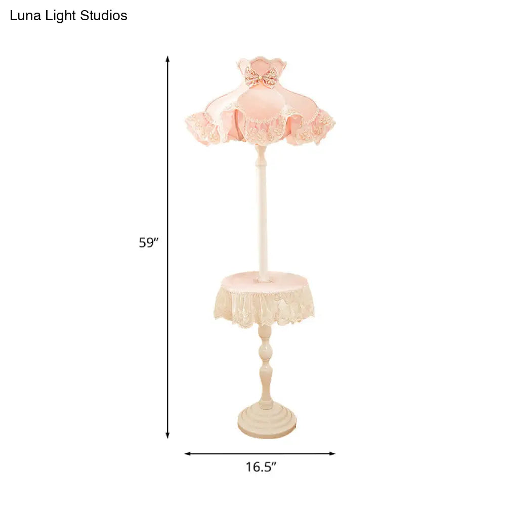 Nordic Pink Lace-Trimmed Stand Up Lamp With White Wood Table - Floor Light 1 Bulb