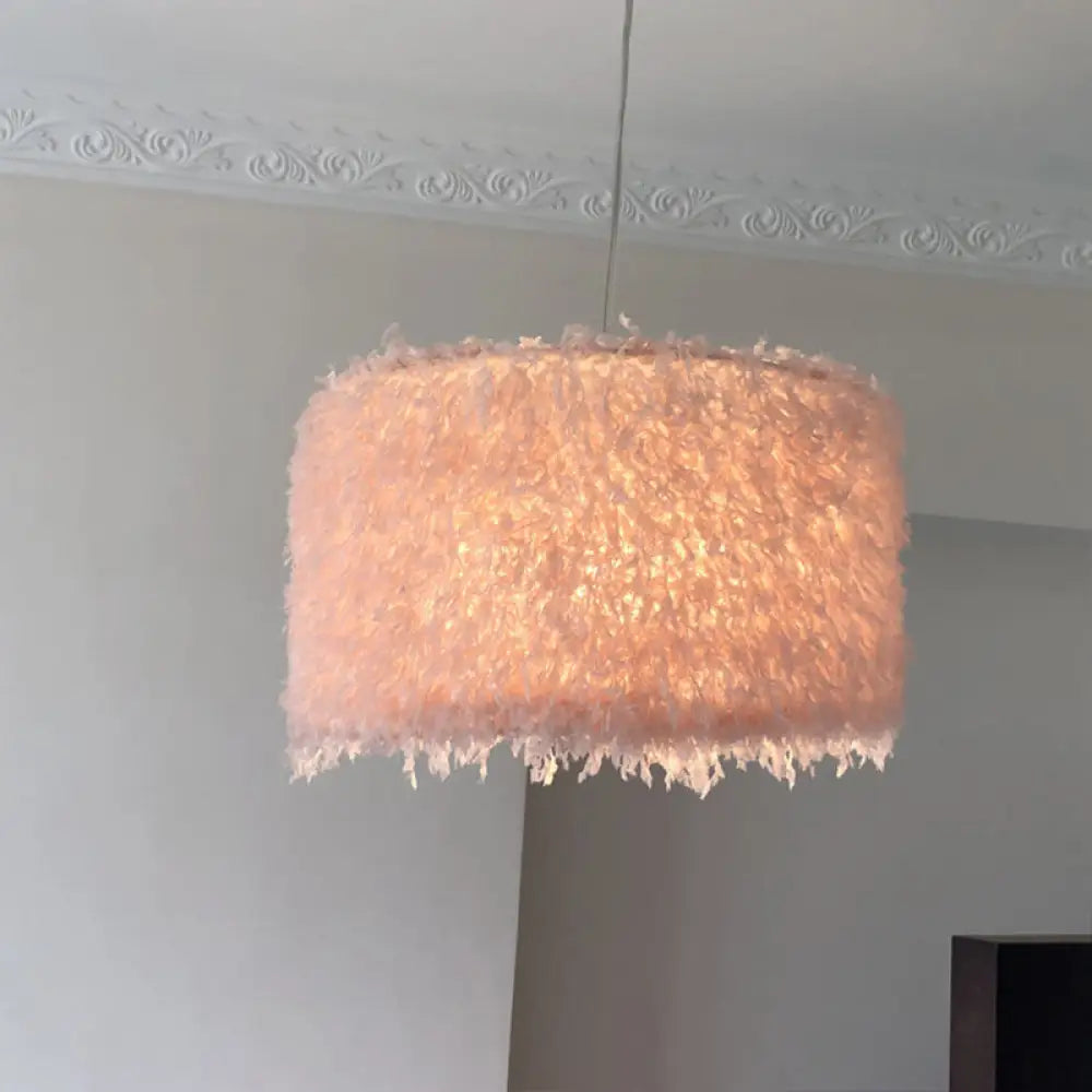 Nordic Pink/White Feathered Pendant Lamp - 1 Bulb Cylindrical/Drum Design 5.5’/8’/14’ Width