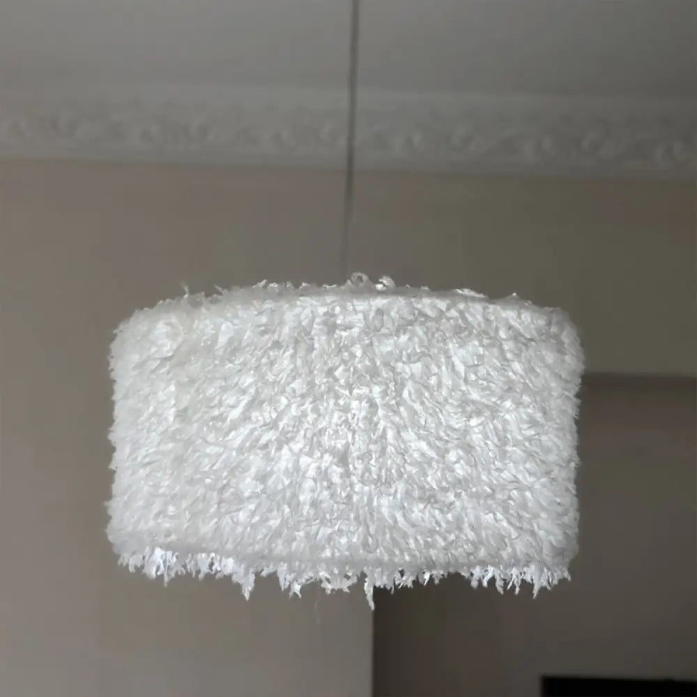 Nordic Pink/White Feathered Pendant Lamp - 1 Bulb Cylindrical/Drum Design 5.5’/8’/14’ Width