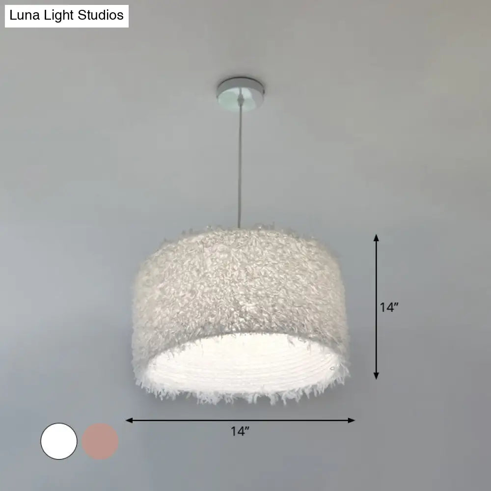 Nordic Pink/White Feathered Pendant Lamp - 1 Bulb Cylindrical/Drum Design 5.5’/8’/14’ Width