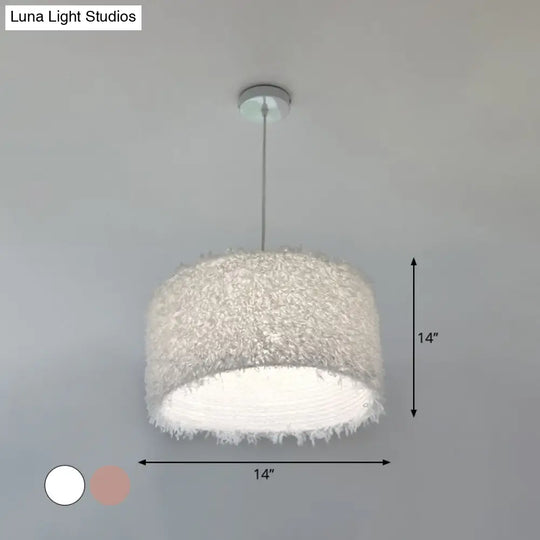 Nordic Pink/White Feathered Pendant Lamp - 1 Bulb Cylindrical/Drum Design 5.5’/8’/14’ Width