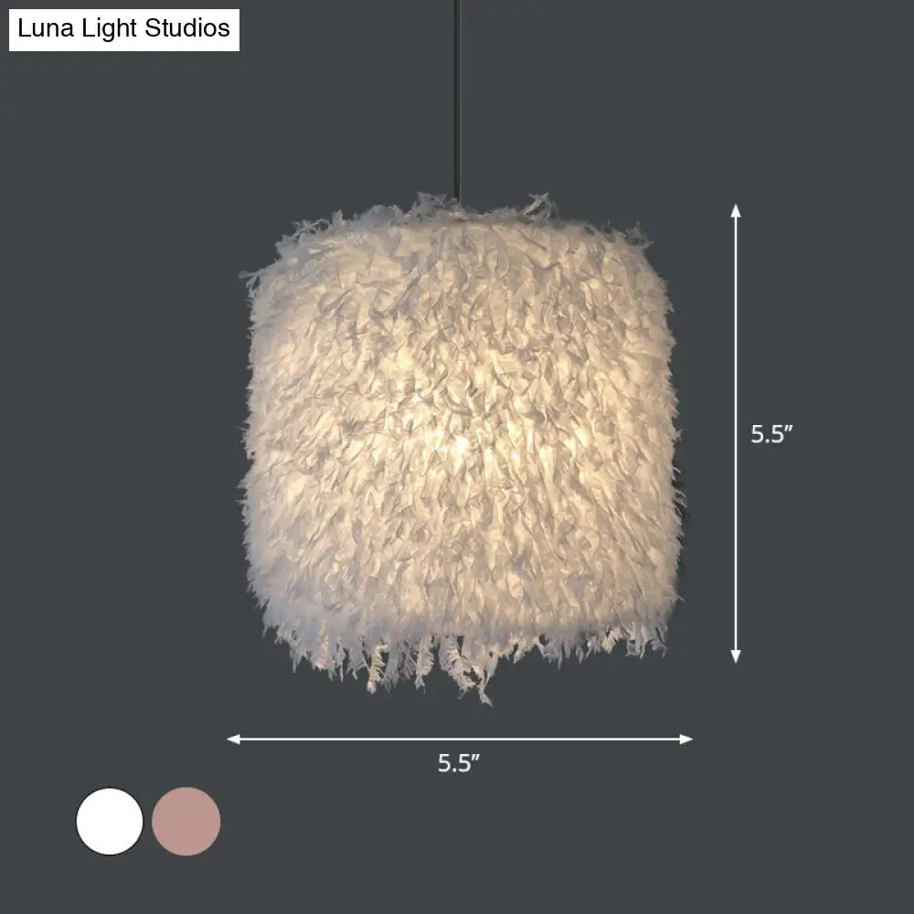 Nordic Pink/White Feathered Pendant Lamp - 1 Bulb Cylindrical/Drum Design 5.5’/8’/14’ Width