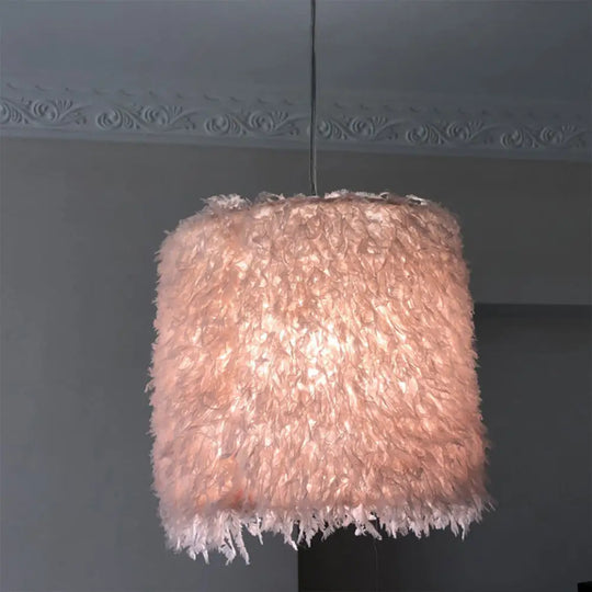 Nordic Pink/White Feathered Pendant Lamp - 1 Bulb Cylindrical/Drum Design 5.5’/8’/14’ Width