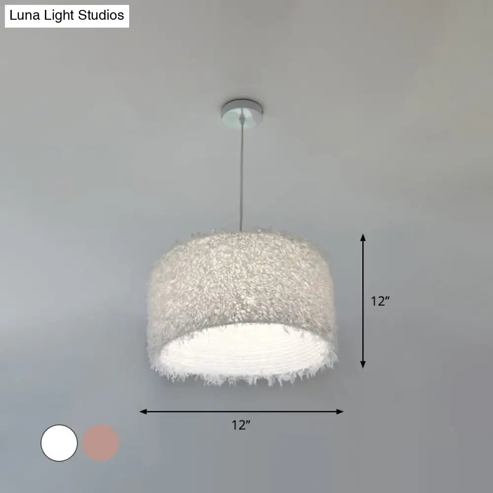 Nordic Pink/White Feathered Pendant Lamp - 1 Bulb Cylindrical/Drum Design 5.5’/8’/14’ Width