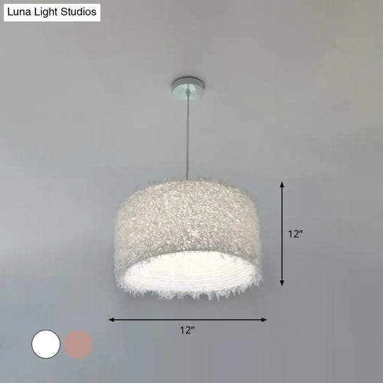 Nordic Pink/White Feathered Pendant Lamp - 1 Bulb Cylindrical/Drum Design 5.5’/8’/14’ Width