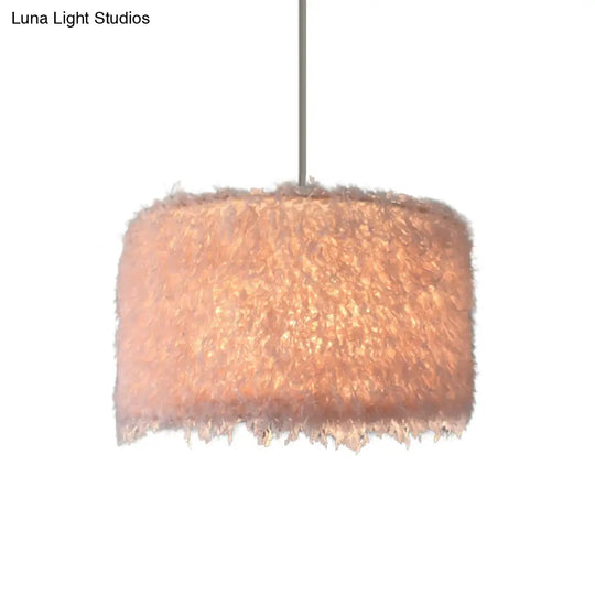 Nordic Pink/White Feathered Pendant Lamp - 1 Bulb Cylindrical/Drum Design 5.5’/8’/14’ Width