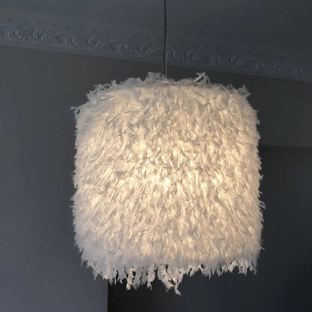 Nordic Pink/White Feathered Pendant Lamp - 1 Bulb Cylindrical/Drum Design 5.5’/8’/14’ Width