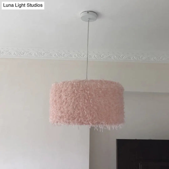 Nordic Pink/White Feathered Pendant Lamp - 1 Bulb Cylindrical/Drum Design 5.5’/8’/14’ Width