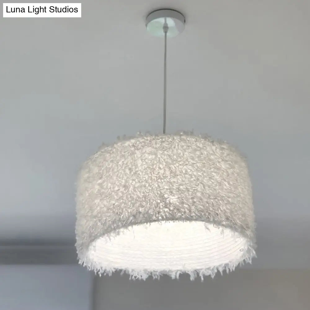 Nordic Pink/White Feathered Pendant Lamp - 1 Bulb Cylindrical/Drum Design 5.5’/8’/14’ Width