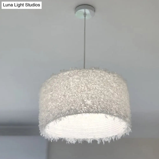 Nordic Pink/White Feathered Pendant Lamp - 1 Bulb Cylindrical/Drum Design 5.5’/8’/14’ Width