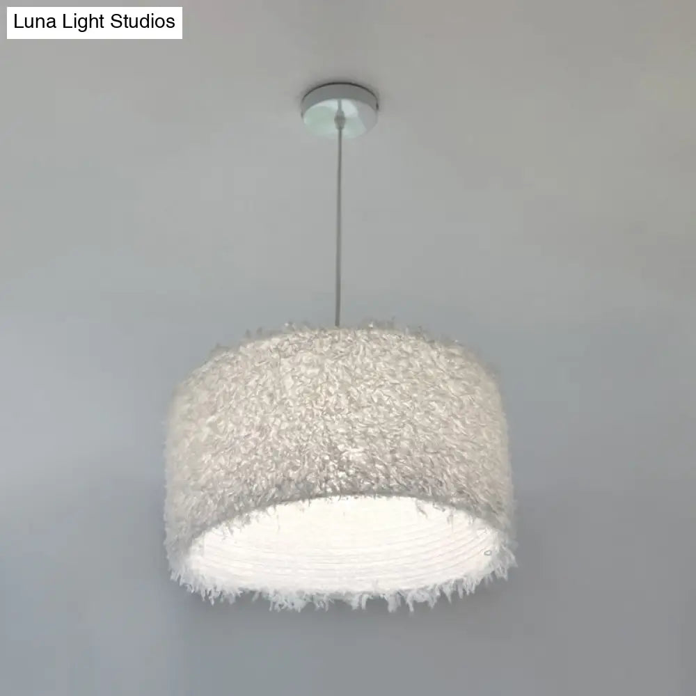 Nordic Pink/White Feathered Pendant Lamp - 1 Bulb Cylindrical/Drum Design 5.5’/8’/14’ Width