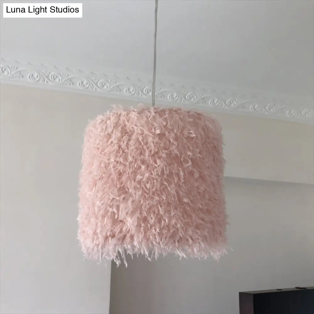 Nordic Pink/White Feathered Pendant Lamp - 1 Bulb Cylindrical/Drum Design 5.5’/8’/14’ Width