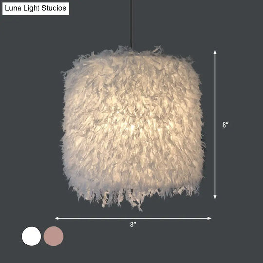 Nordic Pink/White Feathered Pendant Lamp - 1 Bulb Cylindrical/Drum Design 5.5’/8’/14’ Width