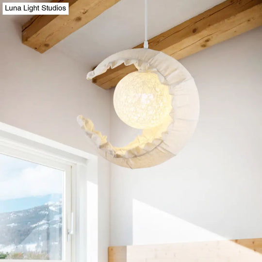 Nordic Rattan Crescent Pendant Light Fixture With Flaxen Fabric Shade - Single Ceiling Hanging For