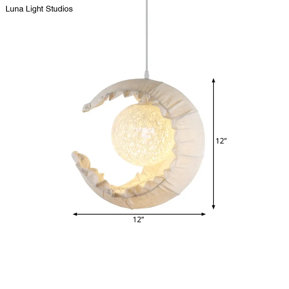 Nordic Rattan Crescent Pendant Light Fixture With Flaxen Fabric Shade - Single Ceiling Hanging For