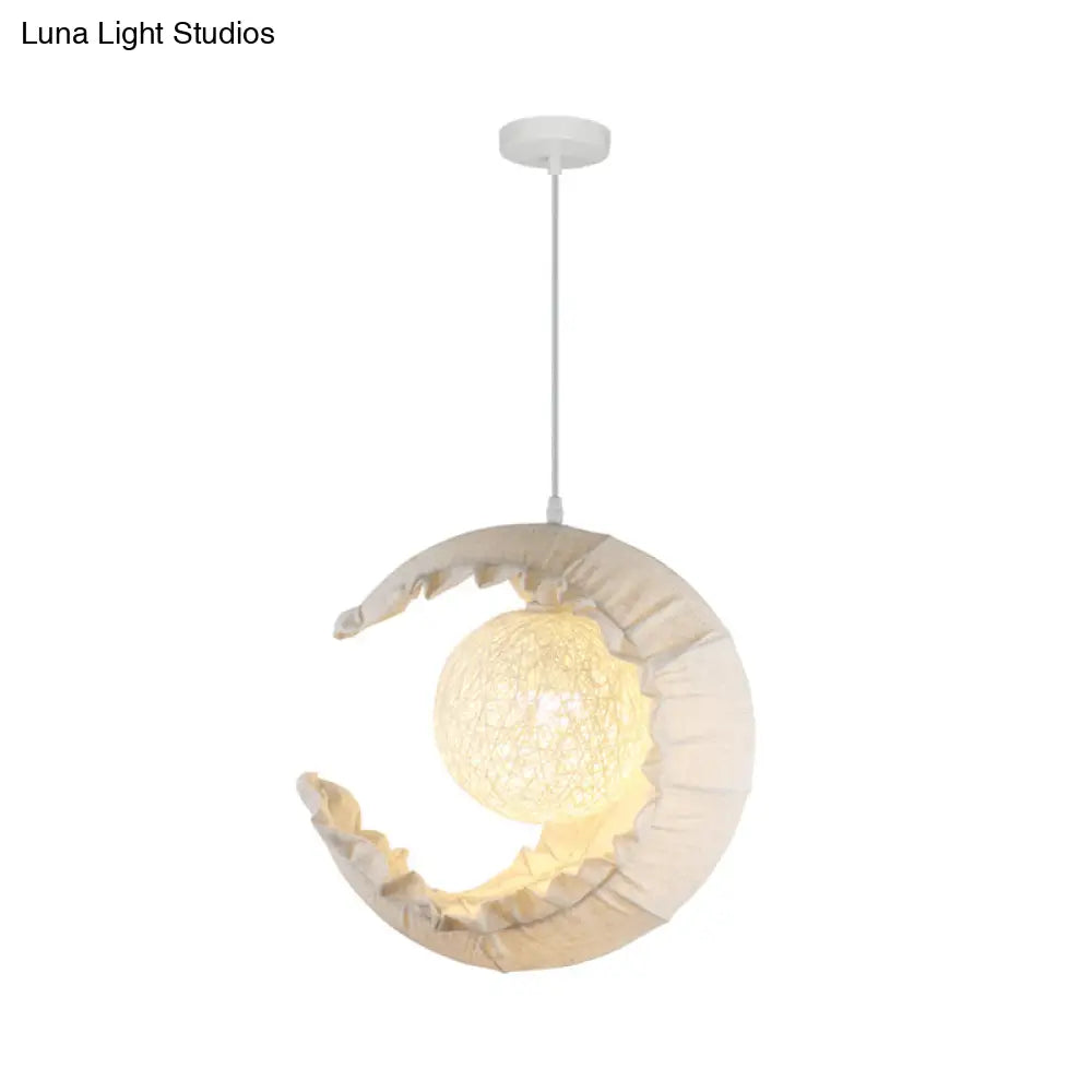 Nordic Rattan Crescent Pendant Light Fixture With Flaxen Fabric Shade - Single Ceiling Hanging For