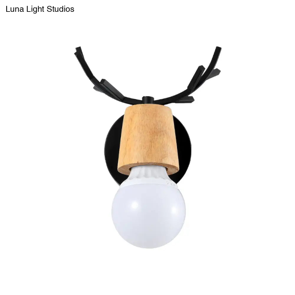 Nordic Rotatable Wall Lamp Wood 1 Head Sconce Lighting For Bedroom - Black/White With Antler Top