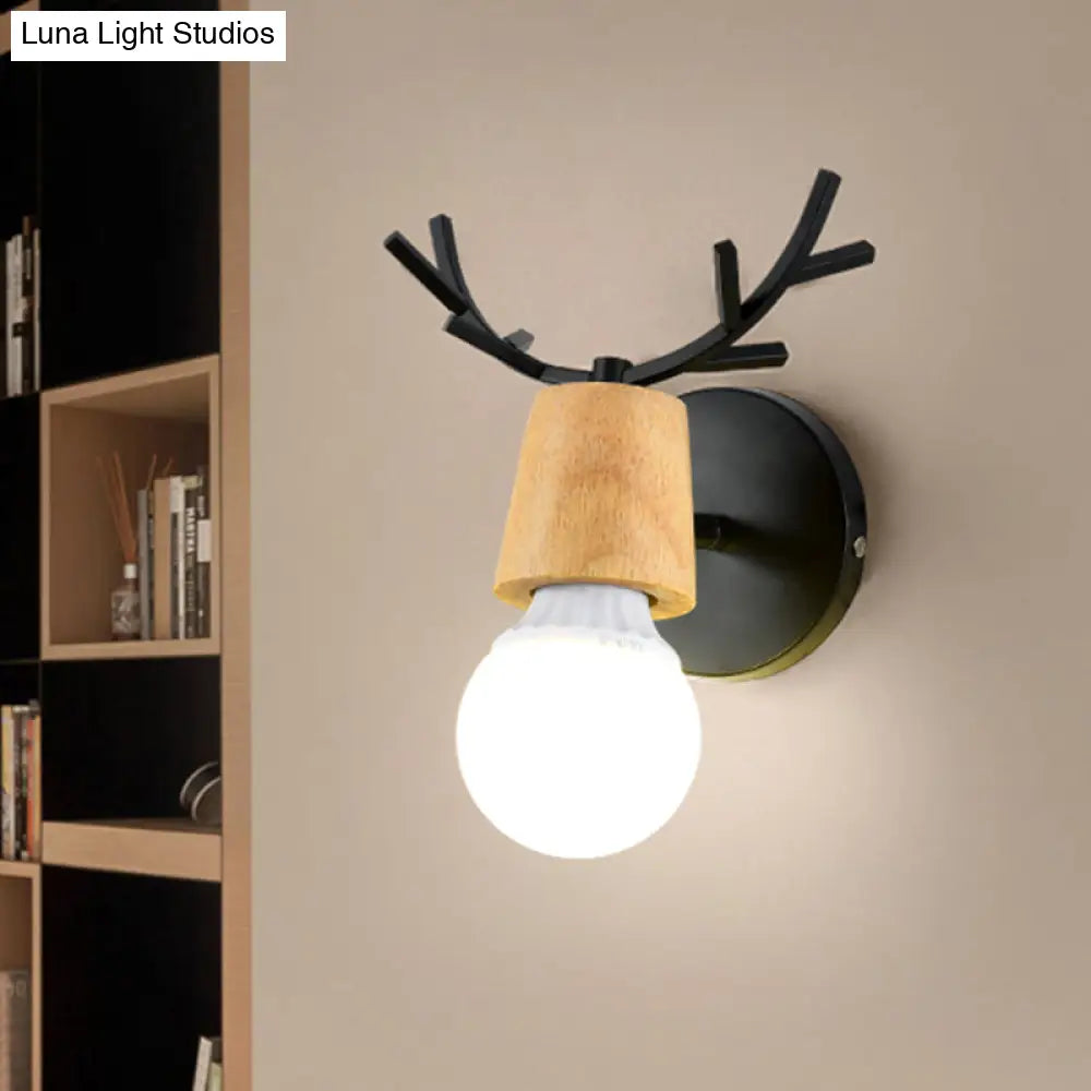 Nordic Rotatable Wall Lamp Wood 1 Head Sconce Lighting For Bedroom - Black/White With Antler Top