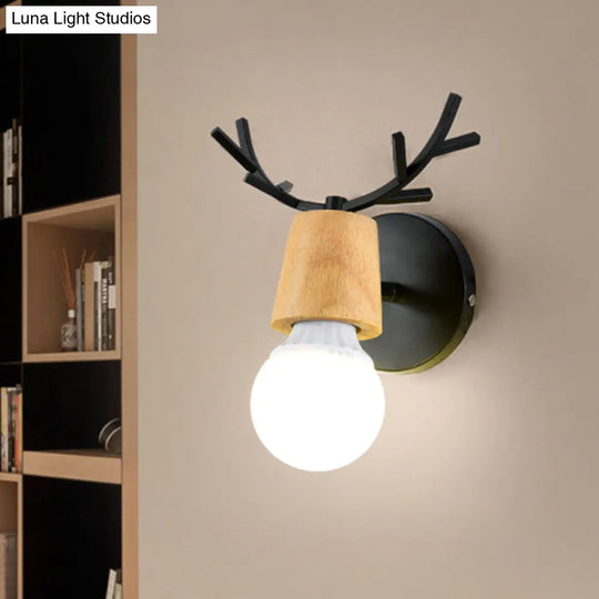 Nordic Rotatable Wall Lamp Wood 1 Head Sconce Lighting For Bedroom - Black/White With Antler Top