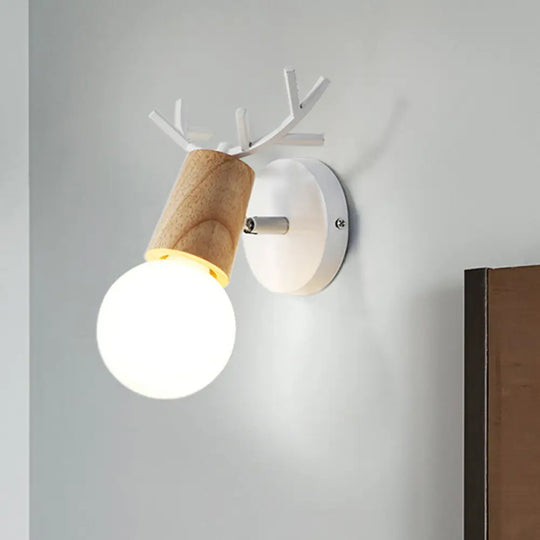 Nordic Rotatable Wall Lamp Wood 1 Head Sconce Lighting For Bedroom - Black/White With Antler Top