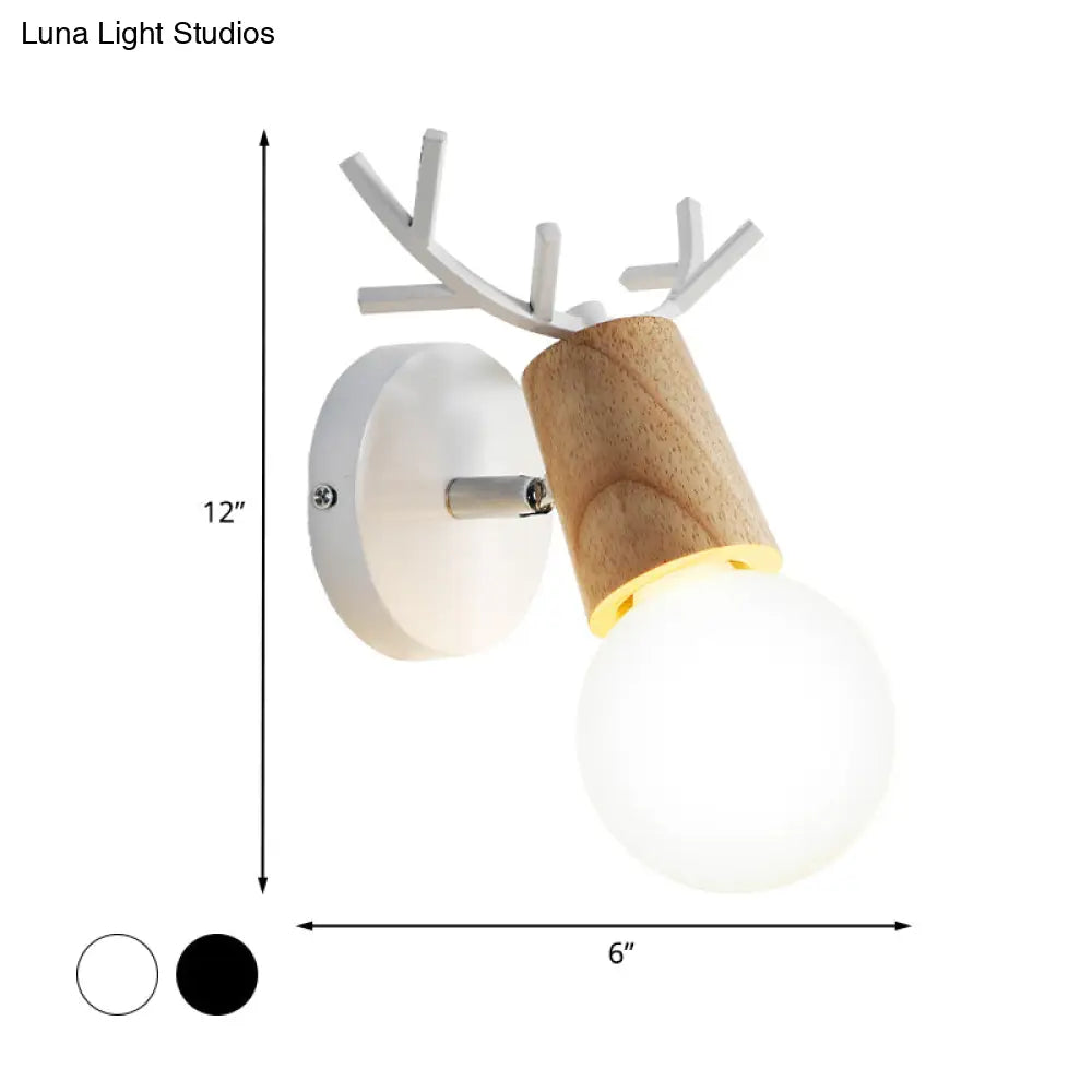 Nordic Rotatable Wall Lamp Wood 1 Head Sconce Lighting For Bedroom - Black/White With Antler Top