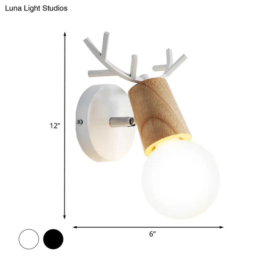 Nordic Rotatable Wall Lamp Wood 1 Head Sconce Lighting For Bedroom - Black/White With Antler Top