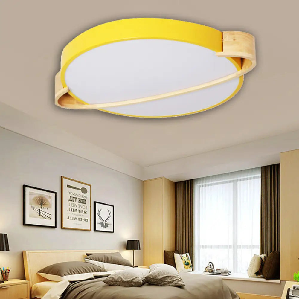 Nordic Round Led Ceiling Light Fixture Metal Flush Mount In Pink/Yellow/Green For Bedroom