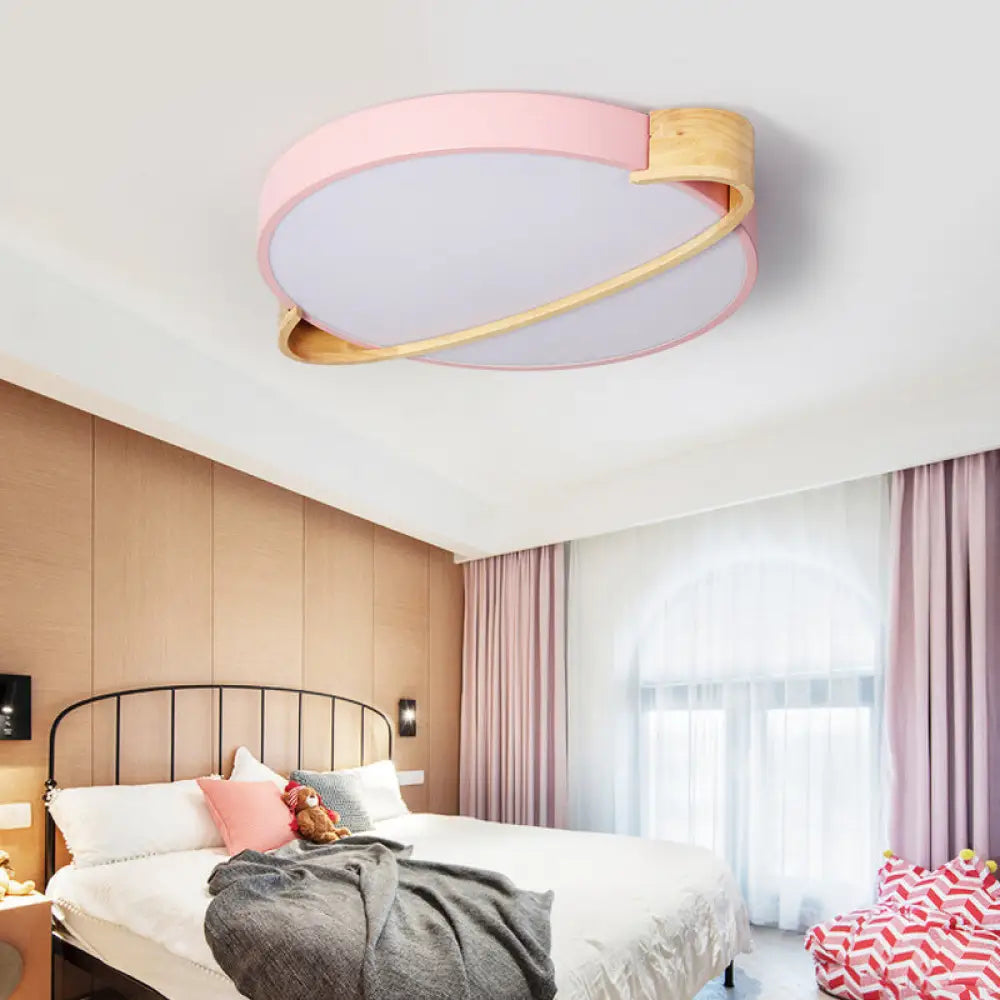 Nordic Round Led Ceiling Light Fixture Metal Flush Mount In Pink/Yellow/Green For Bedroom