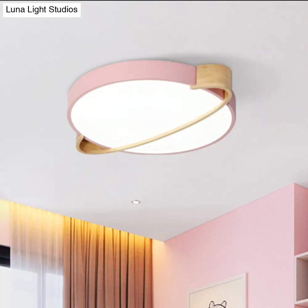 Nordic Round Led Ceiling Light Fixture Metal Flush Mount In Pink/Yellow/Green For Bedroom Warm/White
