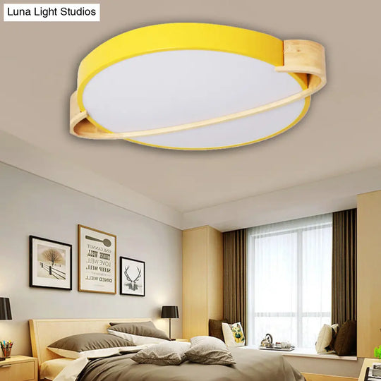 Nordic Round Led Ceiling Light Fixture Metal Flush Mount In Pink/Yellow/Green For Bedroom Warm/White