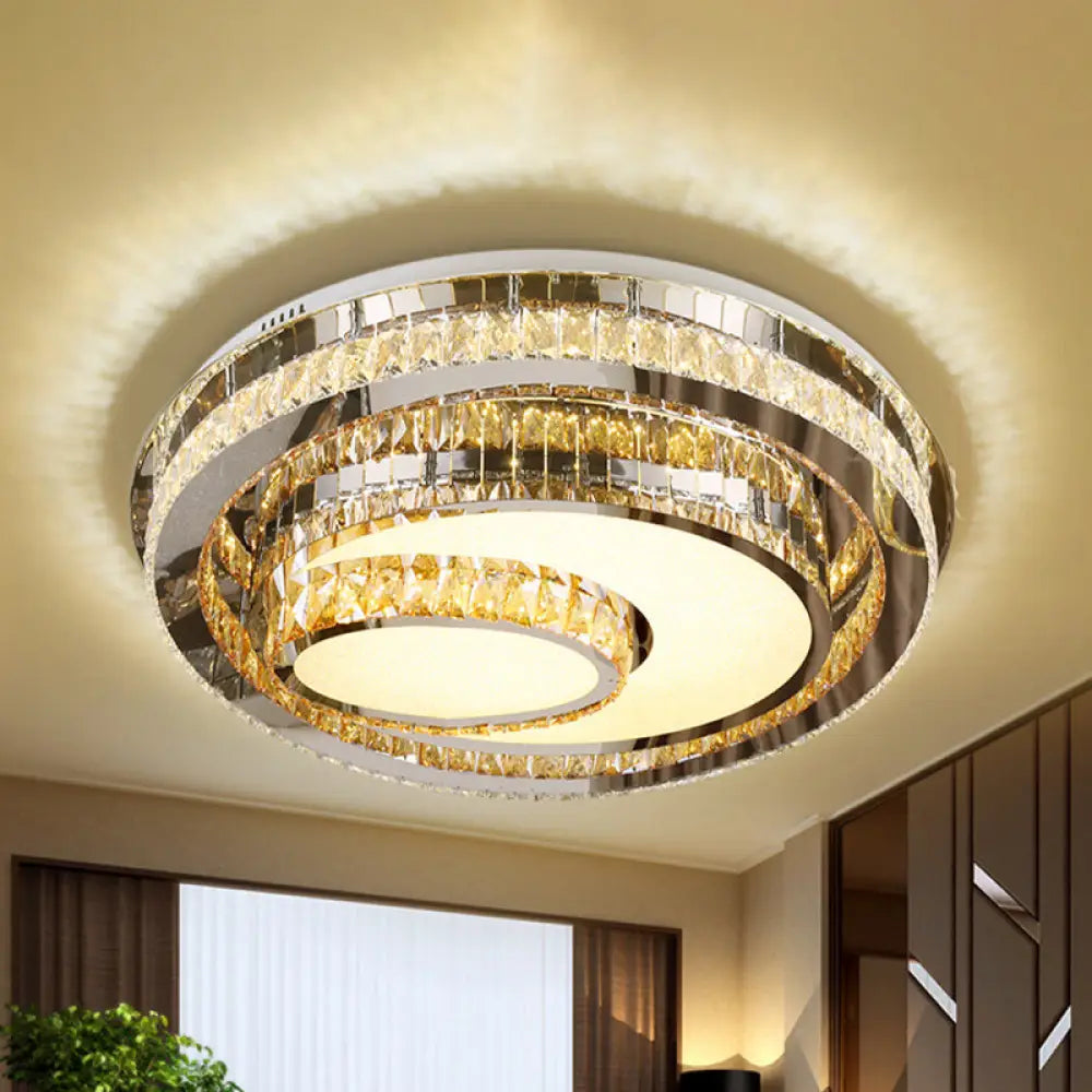 Nordic Round Led Flushmount Ceiling Lamp With Beveled Glass Crystal In Chrome - Contemporary