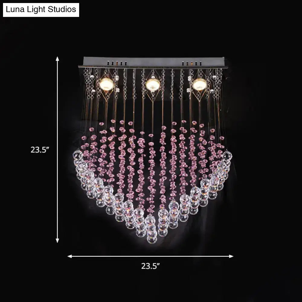 Nordic Satin Nickel Crystal Bead Flushmount Lamp With Loving Heart Design (3 Bulbs)