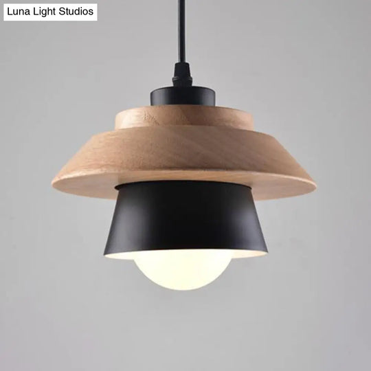 Nordic Saucer Dining Room Lamp - Metal And Wood Pendant Light Black