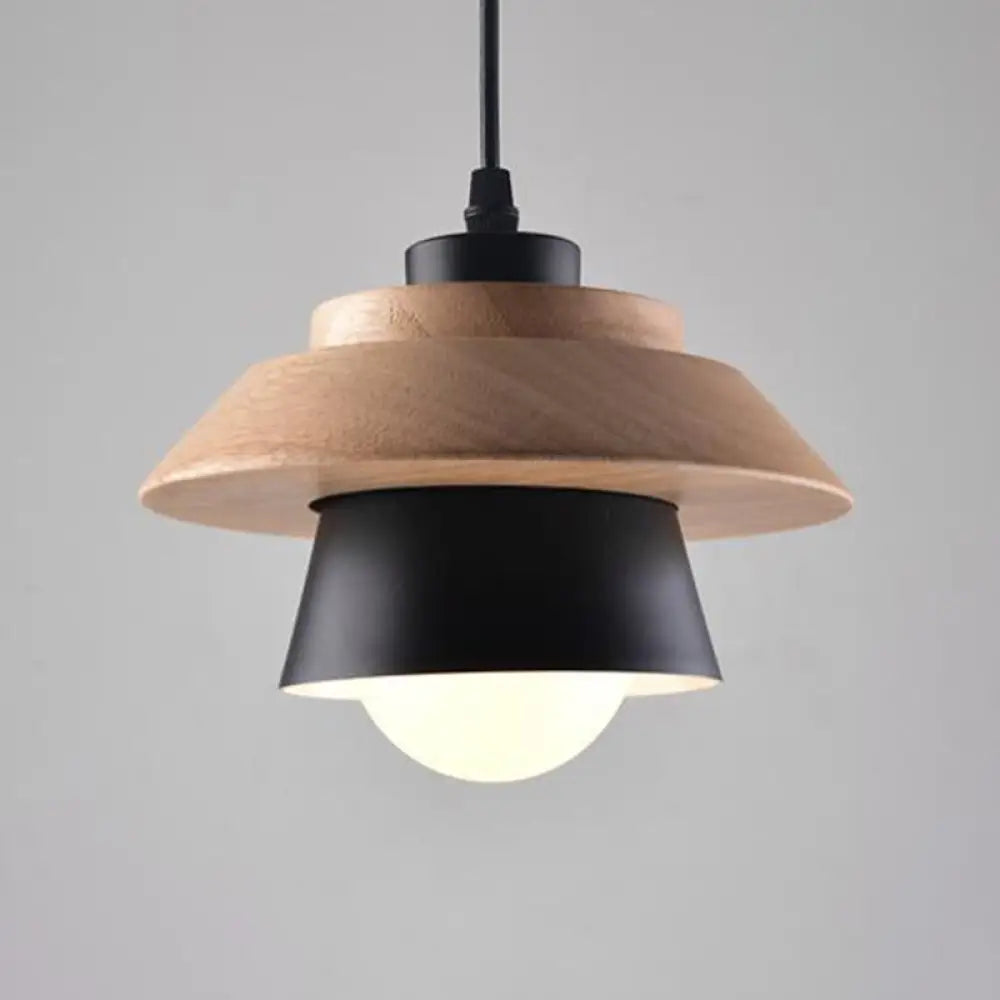 Nordic Saucer Cup Hanging Lamp - Metal & Wood Pendant Light Fixture Black