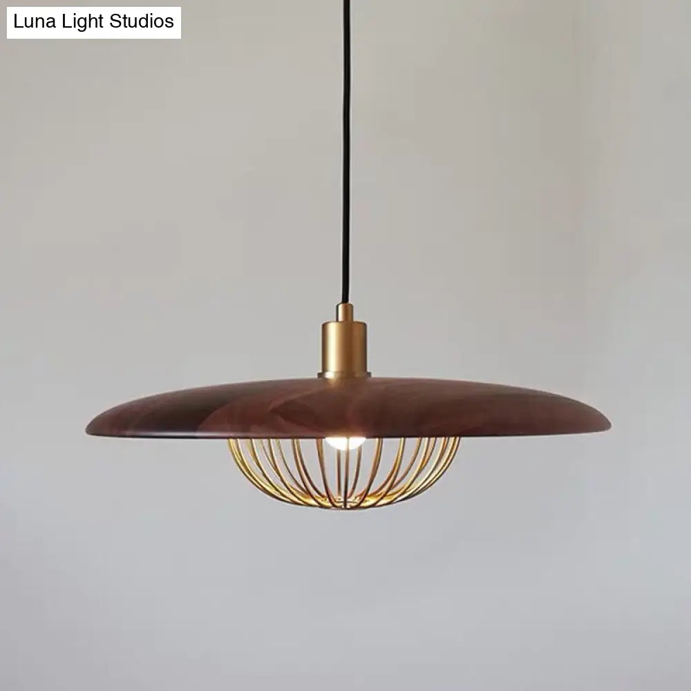 Nordic Saucer Pendant Light With Wire Cage - Metal 1-Head Ceiling Lamp For Dining Room Dark Wood /