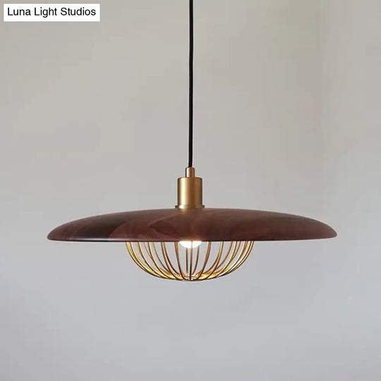 Nordic Saucer Pendant Light With Wire Cage - Metal 1-Head Ceiling Lamp For Dining Room Dark Wood /