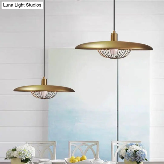Nordic Saucer Pendant Light With Wire Cage - Metal 1-Head Ceiling Lamp For Dining Room Gold / 14