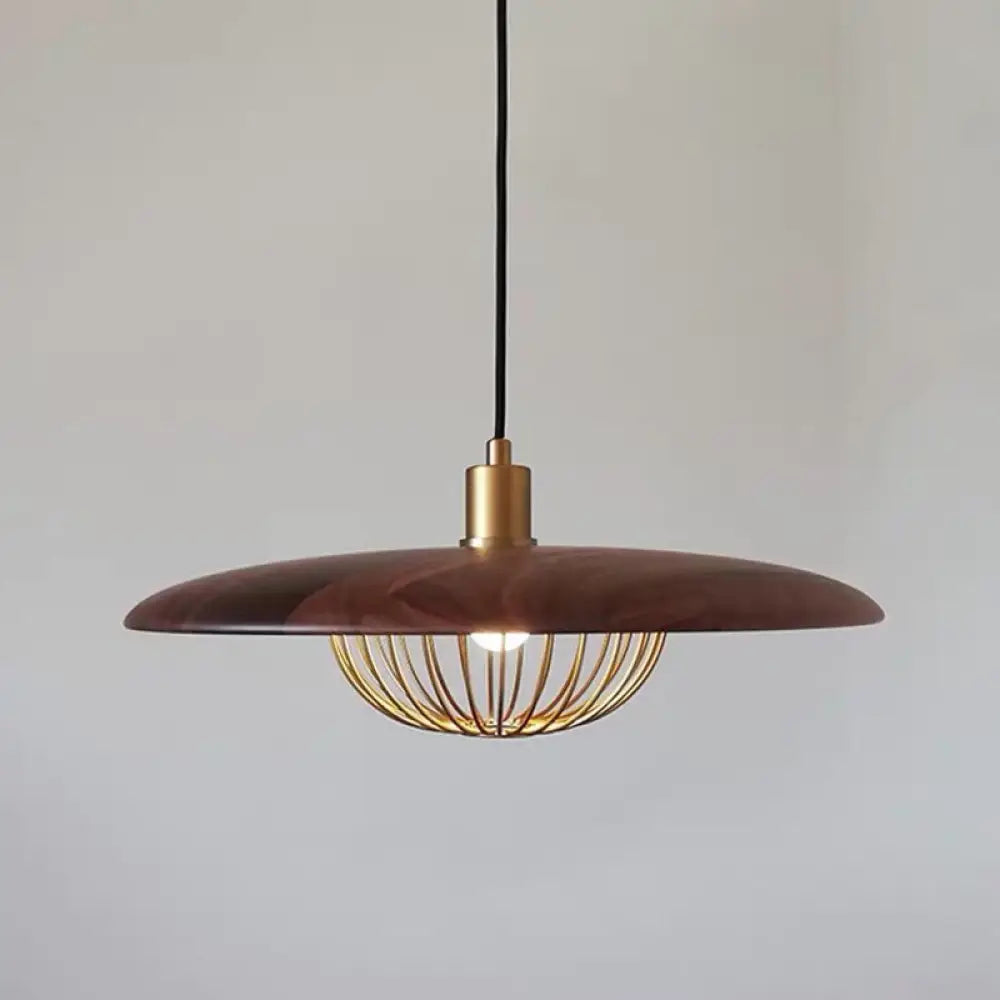 Nordic Saucer Metal Pendant Light With Cage - 1 Head Ceiling Lamp For Dining Room Dark Wood / 14’